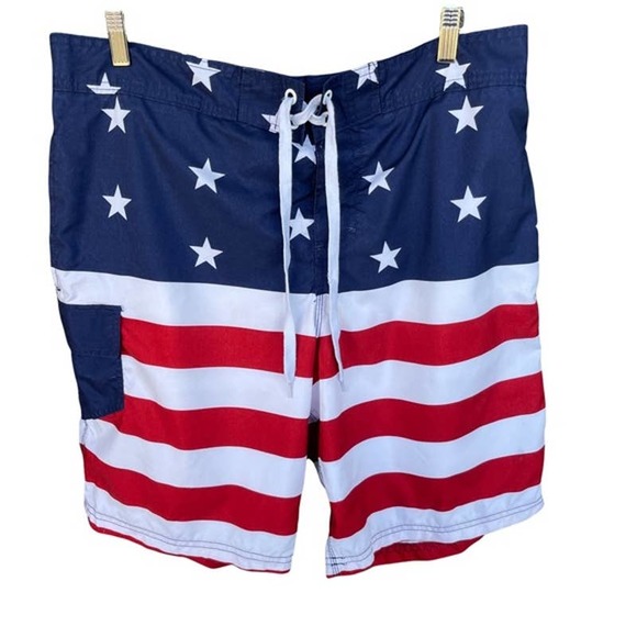 Flag Swim Trunks Mens XXL 2X Red White Blue Patriotic Beach Shorts - Picture 1 of 5